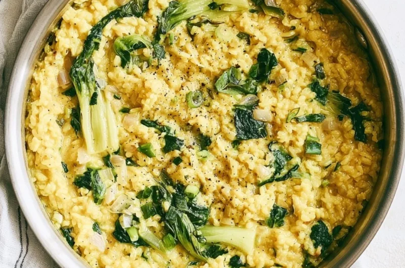 Bowl of anti-inflammatory creamy coconut rice garnished with herbs