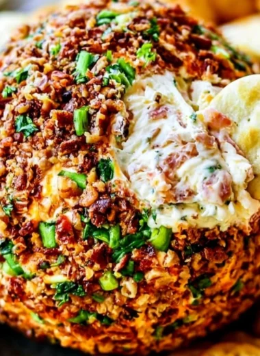 Bacon Ranch Cheese Ball appetizer with garnishes on a platter