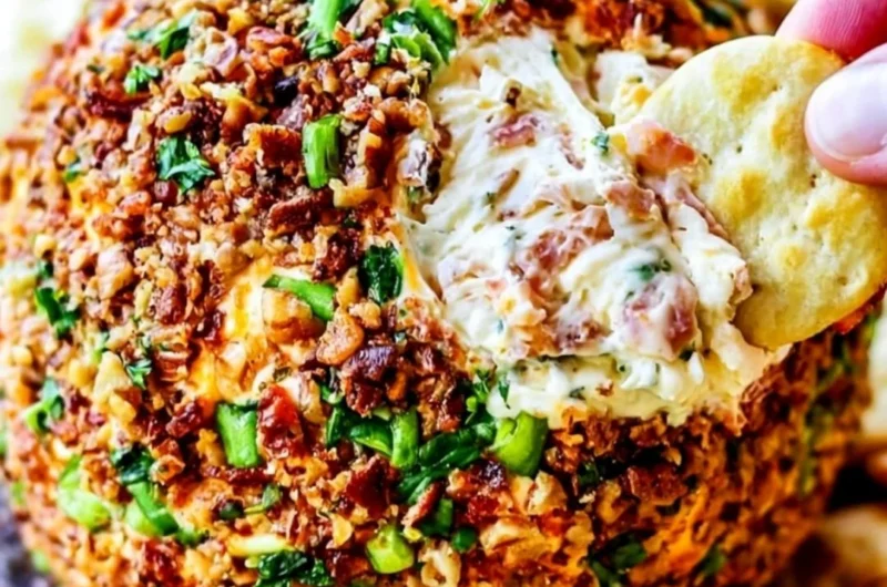 Bacon Ranch Cheese Ball appetizer with garnishes on a platter