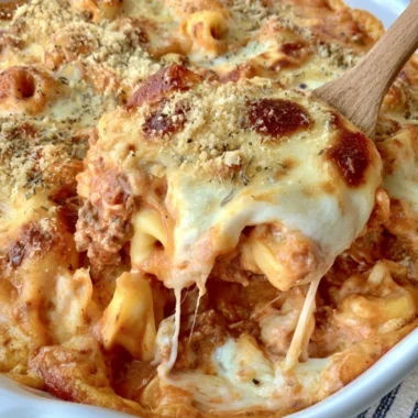 Cheesy baked tortellini casserole topped with meat sauce and cheese