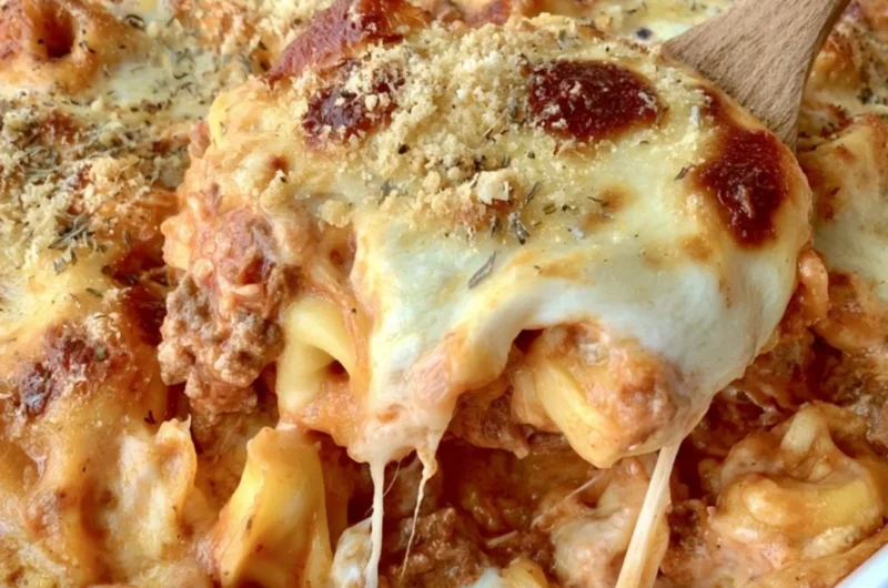 Cheesy baked tortellini casserole topped with meat sauce and cheese