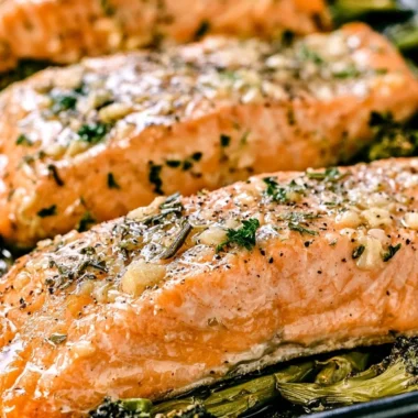 Cozy garlic butter baked salmon on a plate garnished with herbs