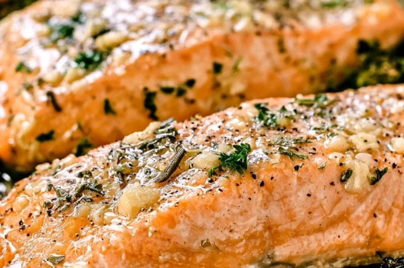 Cozy garlic butter baked salmon on a plate garnished with herbs