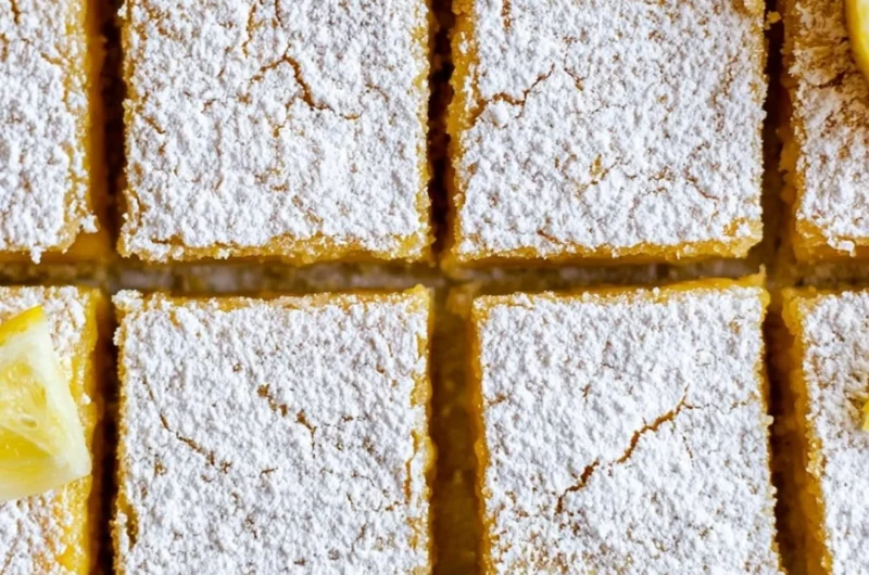 Cozy lemon bars drizzled with powdered sugar, a sweet citrus delight.
