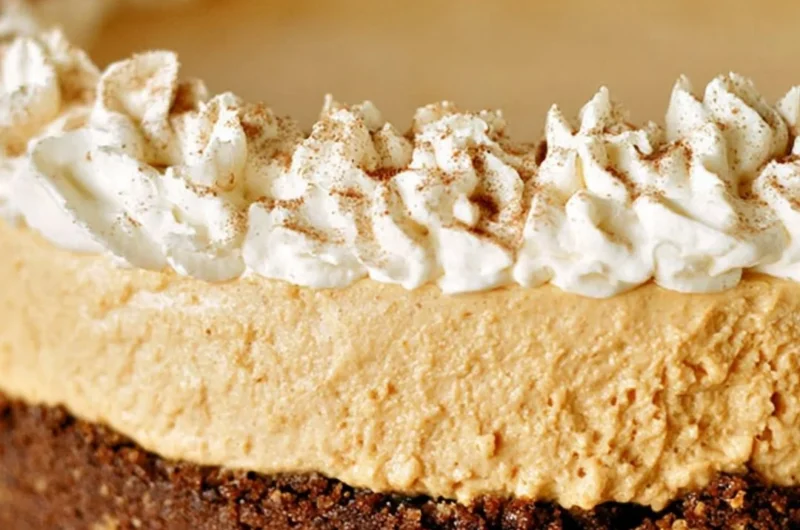 A slice of cozy no-bake pumpkin silk pie on a decorative plate.