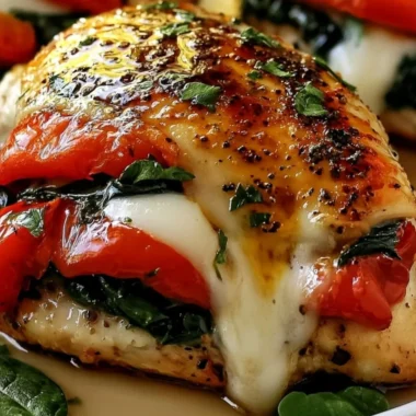 Cozy roasted red pepper, spinach, and mozzarella stuffed chicken on a plate