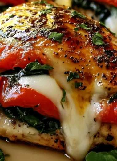 Cozy roasted red pepper, spinach, and mozzarella stuffed chicken on a plate