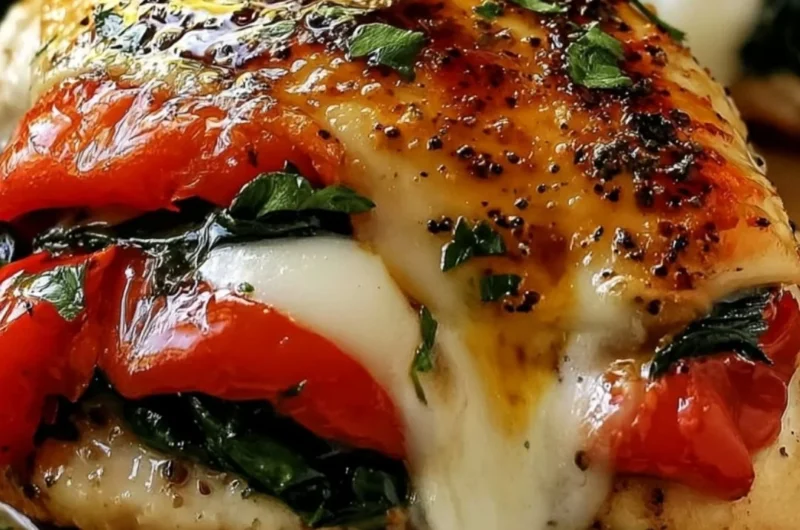 Cozy roasted red pepper, spinach, and mozzarella stuffed chicken on a plate
