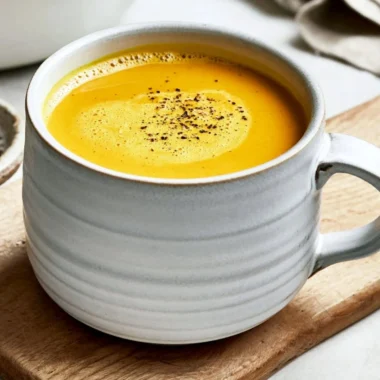 Cozy turmeric golden milk in a mug with cinnamon stick and spices