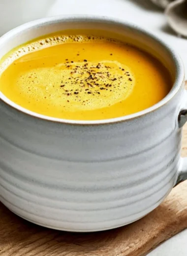 Cozy turmeric golden milk in a mug with cinnamon stick and spices