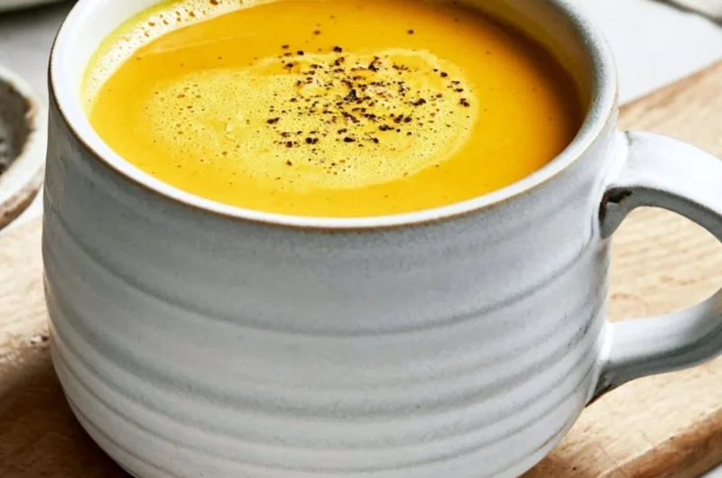 Cozy turmeric golden milk in a mug with cinnamon stick and spices