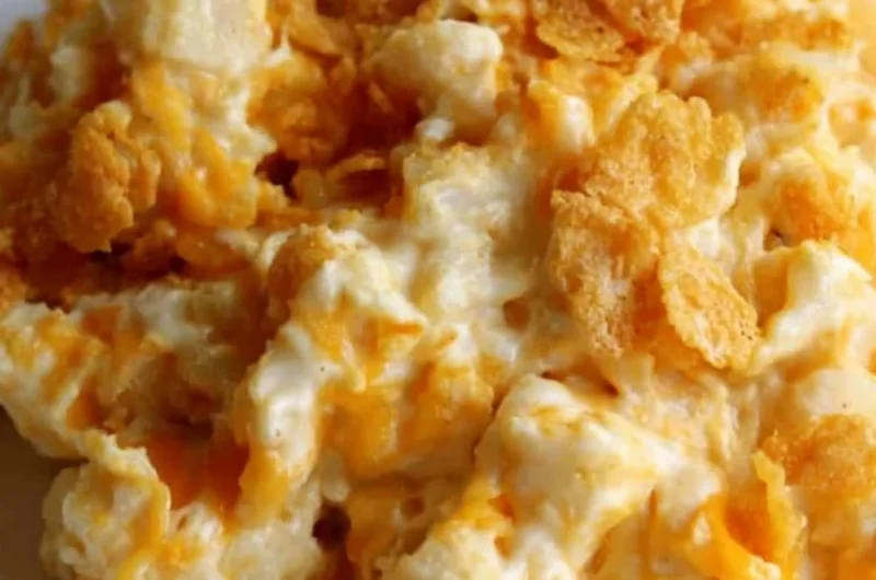 Creamy and cozy funeral potatoes dish served in a casserole dish.