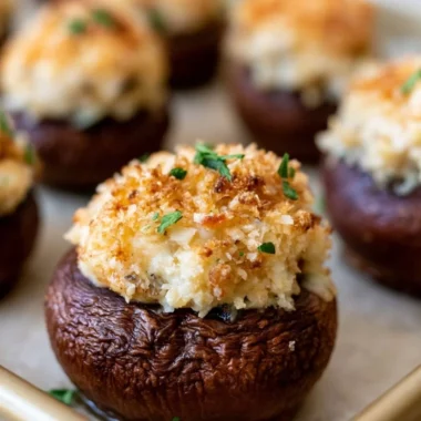 Creamy garlic herb cheese stuffed in roasted mushrooms, a delicious appetizer.
