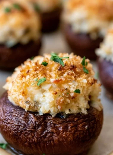 Creamy garlic herb cheese stuffed in roasted mushrooms, a delicious appetizer.