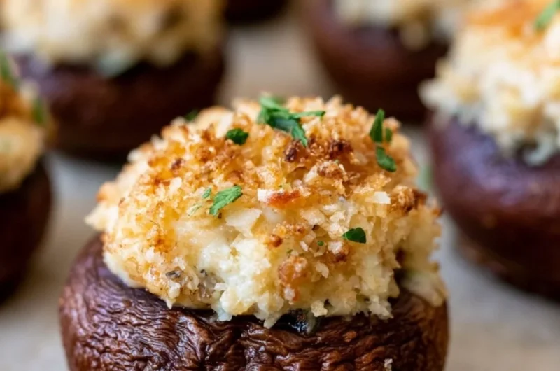Creamy garlic herb cheese stuffed in roasted mushrooms, a delicious appetizer.