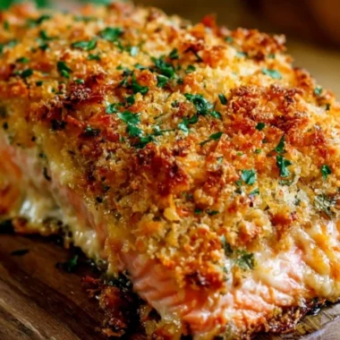 Crispy Parmesan Crusted Baked Salmon on a plate with herbs
