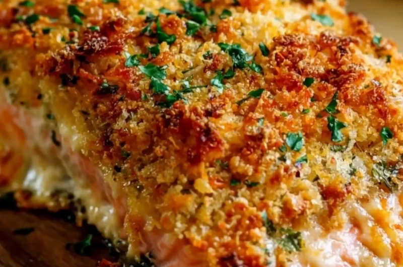 Crispy Parmesan Crusted Baked Salmon on a plate with herbs