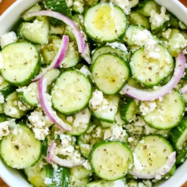 Delicious Cucumber Feta Salad with fresh vegetables and feta cheese