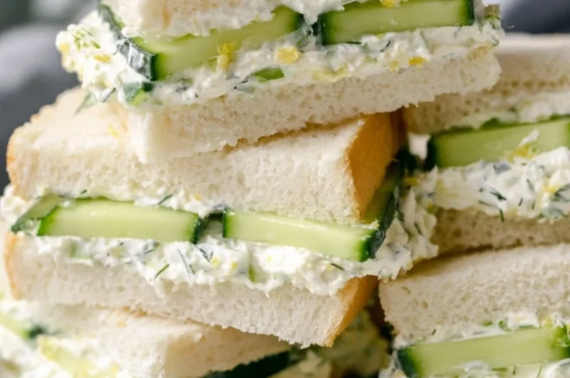 Delicious cucumber sandwich on white bread garnished with herbs.