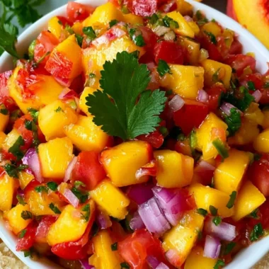 Bowl of easy homemade fresh peach salsa with colorful ingredients