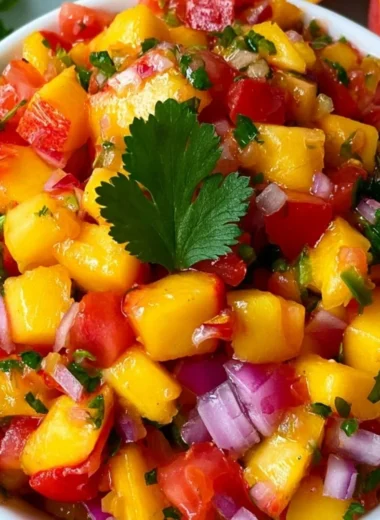 Bowl of easy homemade fresh peach salsa with colorful ingredients