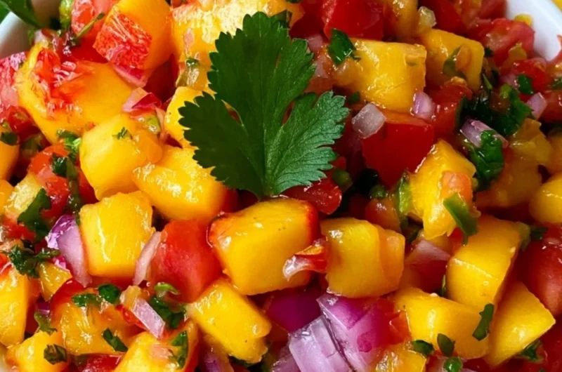 Bowl of easy homemade fresh peach salsa with colorful ingredients