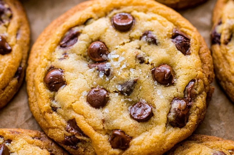 Freshly baked chocolate chip cookies cooling on a wire rack.