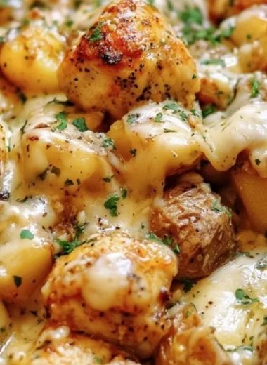 Garlic Parmesan Chicken served with crispy potatoes on a plate.