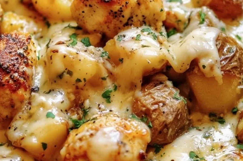 Garlic Parmesan Chicken served with crispy potatoes on a plate.