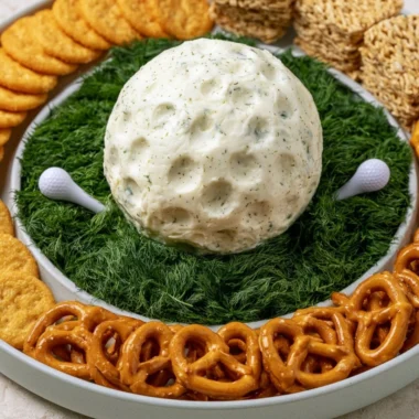 Golf Ball Cheese Ball served on a platter, perfect for parties and golf-themed events.