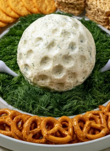 Golf Ball Cheese Ball served on a platter, perfect for parties and golf-themed events.