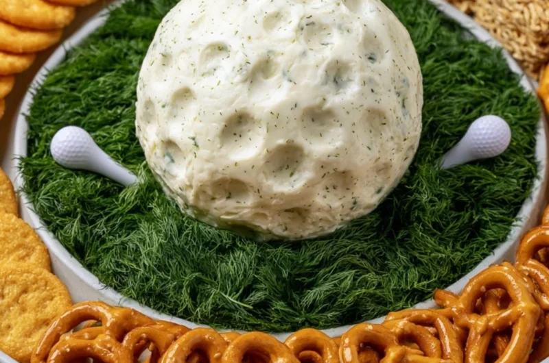 Golf Ball Cheese Ball served on a platter, perfect for parties and golf-themed events.