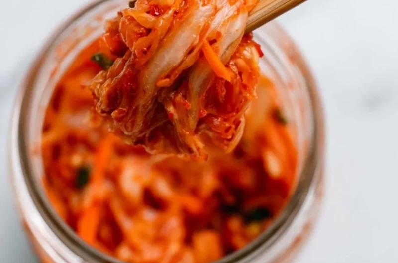 A bowl of vibrant homemade kimchi, showcasing fresh ingredients and spicy seasoning.