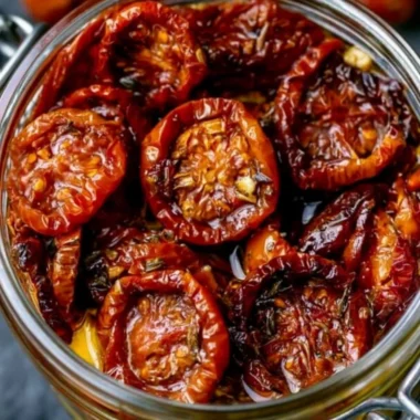 Delicious homemade sun-dried cherry tomatoes on a wooden cutting board