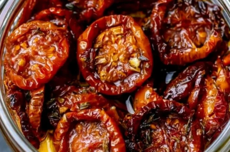 Delicious homemade sun-dried cherry tomatoes on a wooden cutting board