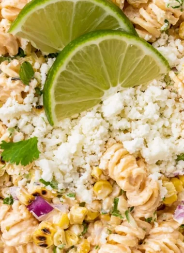 Fresh Mexican Street Corn Pasta Salad with colorful ingredients and toppings.
