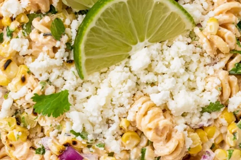 Fresh Mexican Street Corn Pasta Salad with colorful ingredients and toppings.
