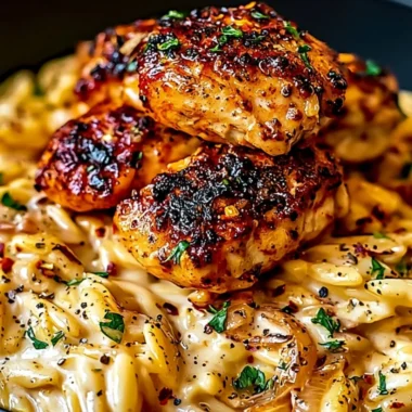 One-pot Cajun Chicken Alfredo orzo dish served with herbs and spices