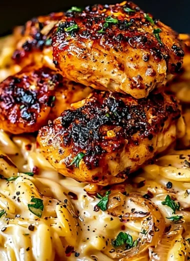 One-pot Cajun Chicken Alfredo orzo dish served with herbs and spices
