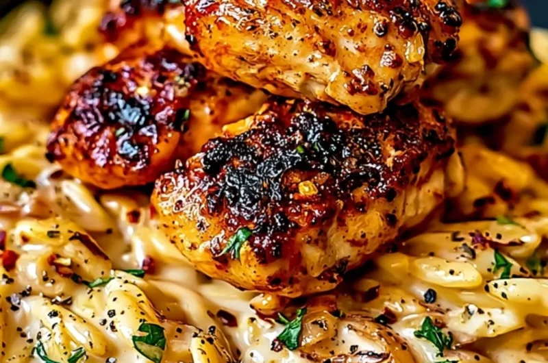 One-pot Cajun Chicken Alfredo orzo dish served with herbs and spices