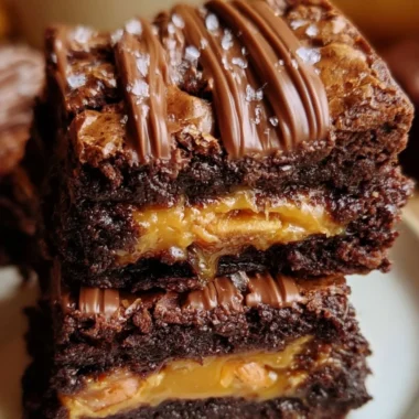 Decadent Snickers brownies topped with chocolate, caramel, and peanuts