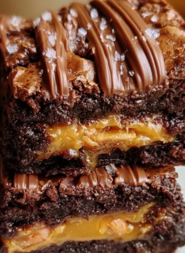 Decadent Snickers brownies topped with chocolate, caramel, and peanuts