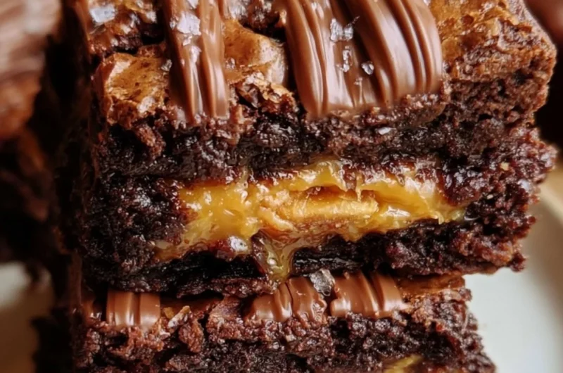 Decadent Snickers brownies topped with chocolate, caramel, and peanuts