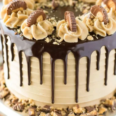Delicious peanut butter chocolate layer cake with rich chocolate frosting