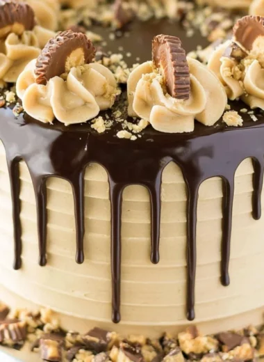 Delicious peanut butter chocolate layer cake with rich chocolate frosting