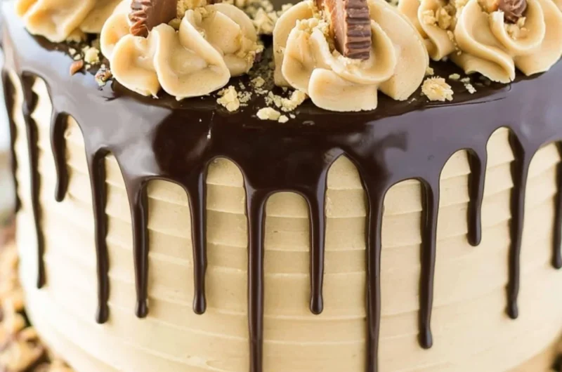 Delicious peanut butter chocolate layer cake with rich chocolate frosting