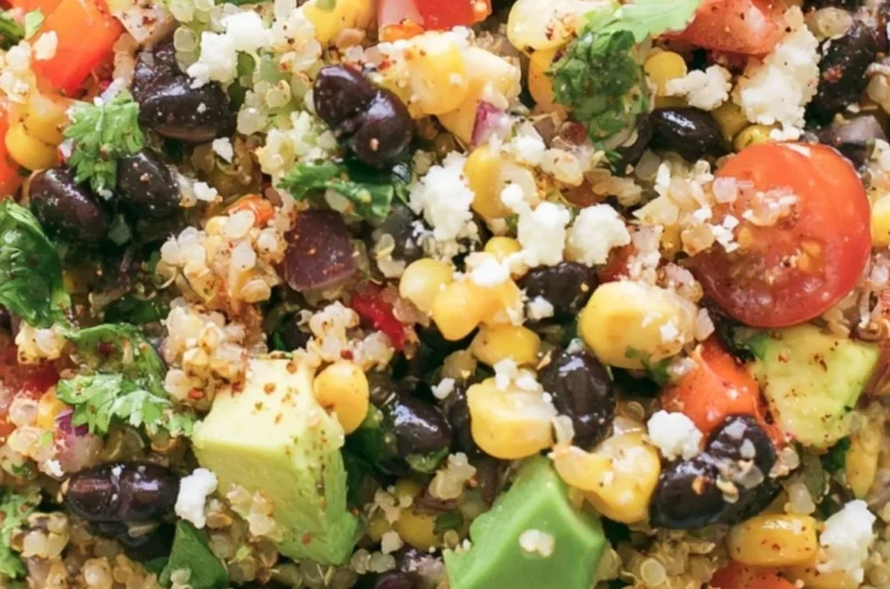 Colorful quinoa black bean salad with fresh vegetables and herbs