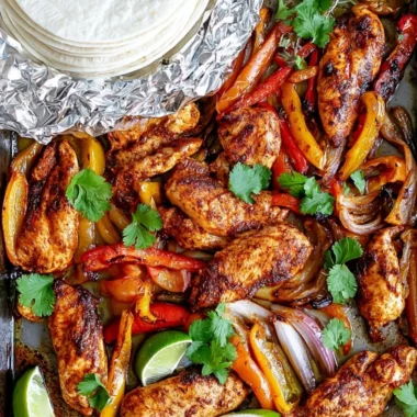 Sheet pan chicken fajitas with colorful peppers and onions ready to serve.