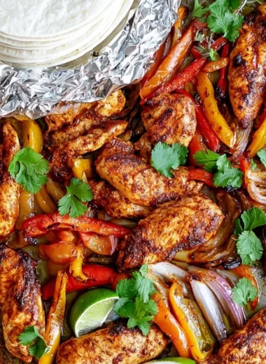 Sheet pan chicken fajitas with colorful peppers and onions ready to serve.