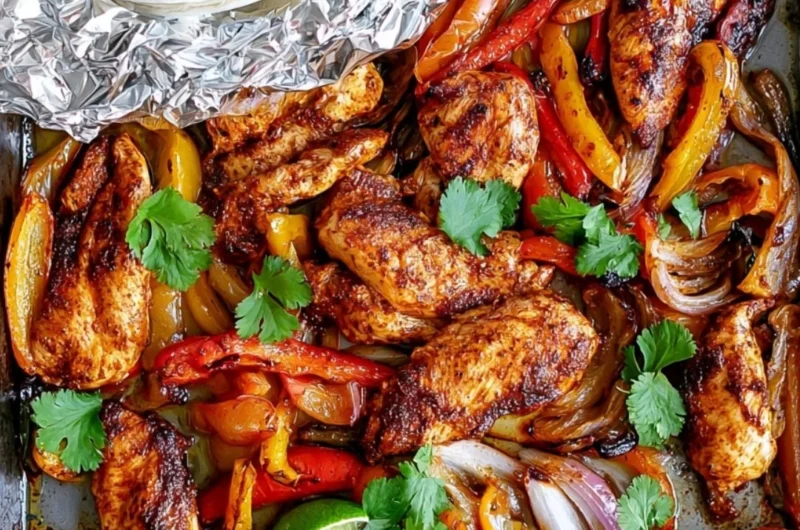 Sheet pan chicken fajitas with colorful peppers and onions ready to serve.